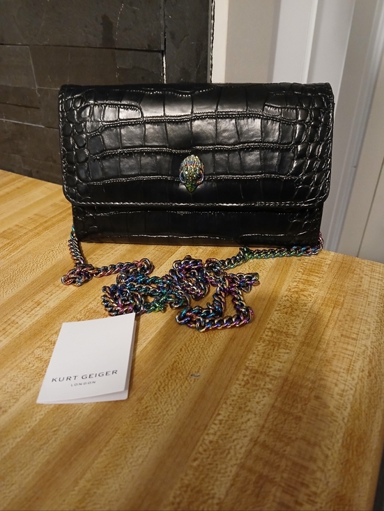 Kurt Geiger Handbags - Kurt Geiger Black Croc Embossed Clutch or Crossbody with Multicolor Chain